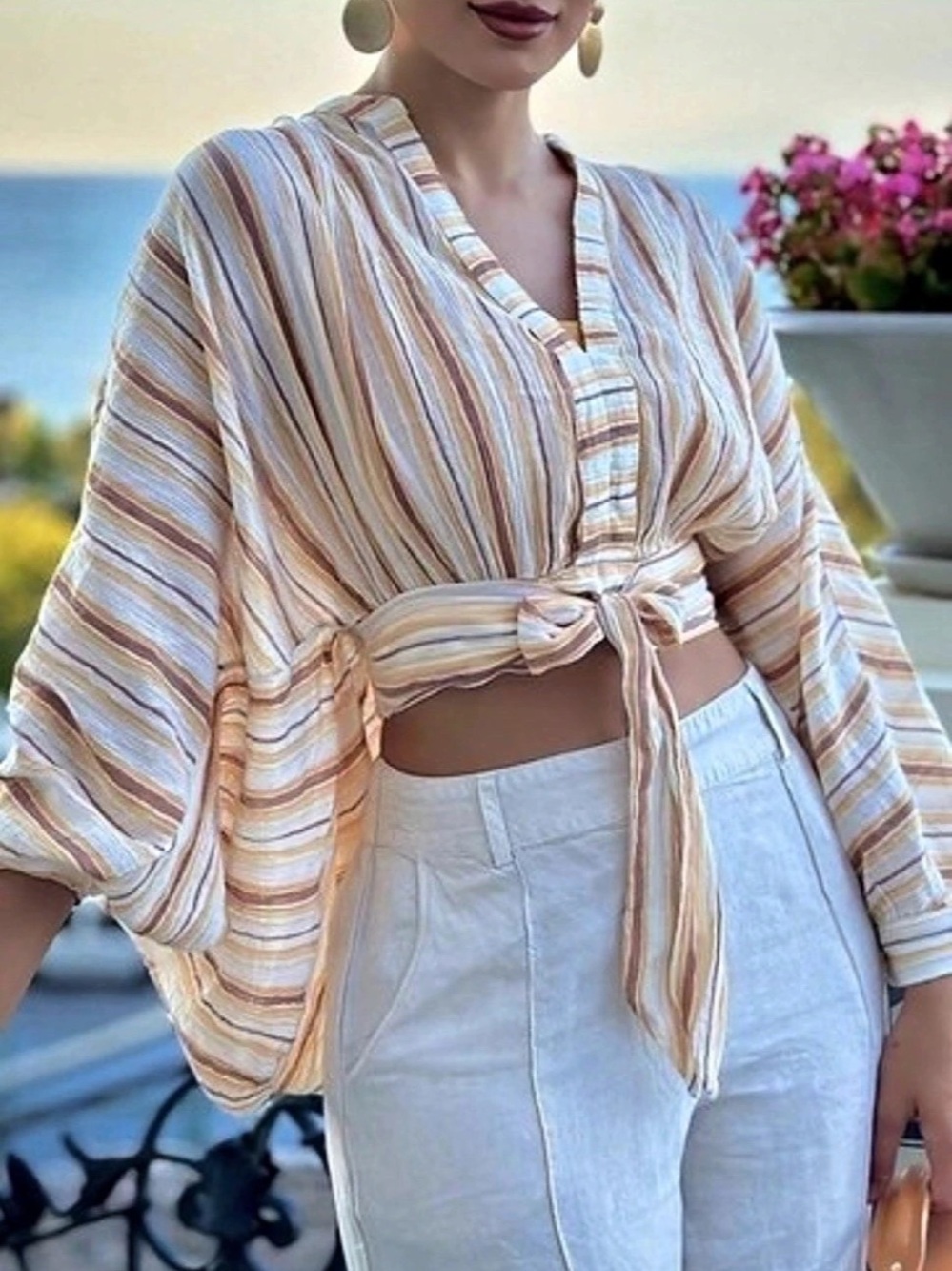 Anthropologie Striped Tie-Front Blouse in Orange & White Size Small